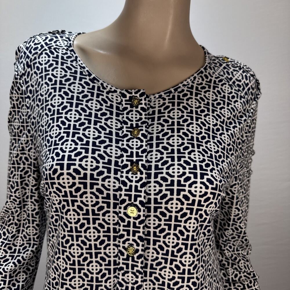 Tory Burch Geometric Print Jersey Henley Top Shirt Size L Gold Logo Buttons - Picture 3 of 9